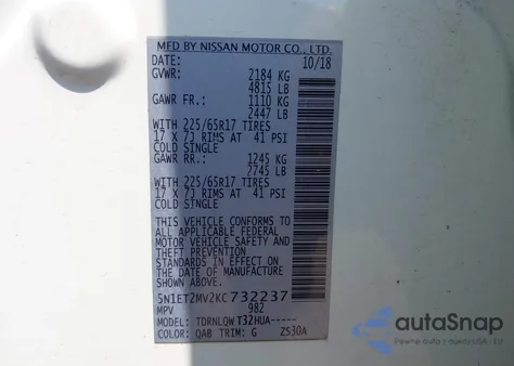 2019 Nissan Rogue Hybrid Sv из США, поврежденный, VIN 5N1ET2MV2KC732237